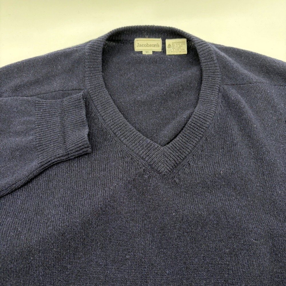 Jacobson's Mens Vintage XL Navy Blue‎ 100% Lambswool V-Neck Sweater Knit Wool